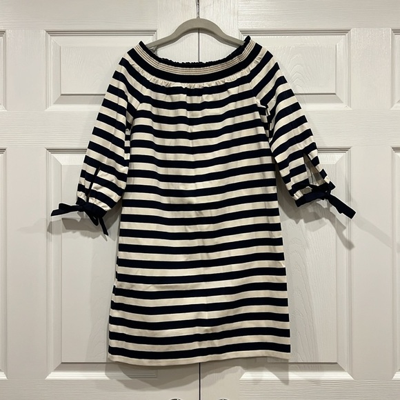 J. Crew Striped Off Shoulder Dress Womens Navy Blue White Size XS - Picture 2 of 9